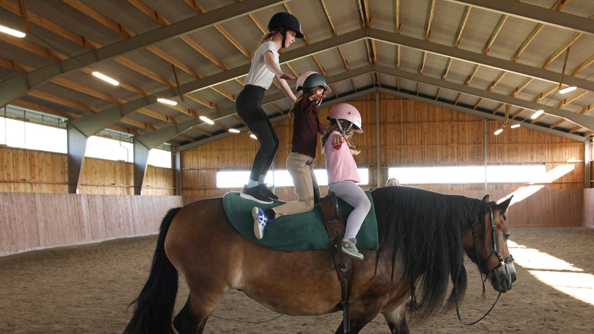 Voltigeläger, sommarkul, häst, gymnastik på hästryggen, balansträning, lagkompisar, ridhus, sommaraktivitet