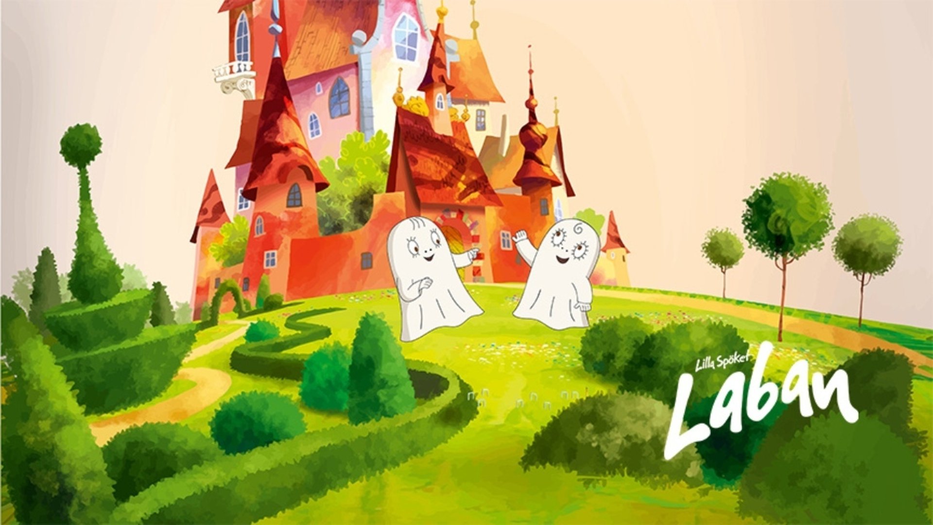 Tecknad bild på två spöken framför ett stort hus 