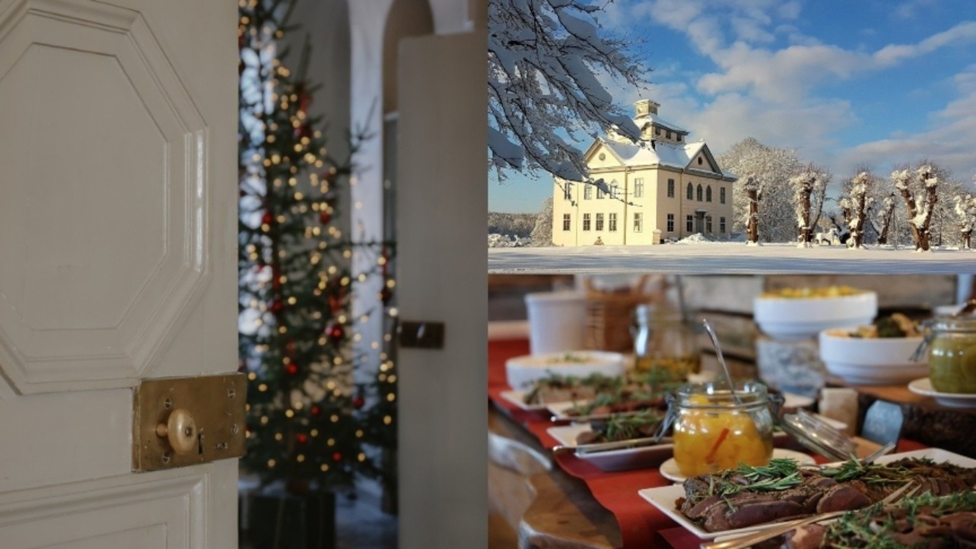 Ett julbord, en slott täckt i snö och en julgran