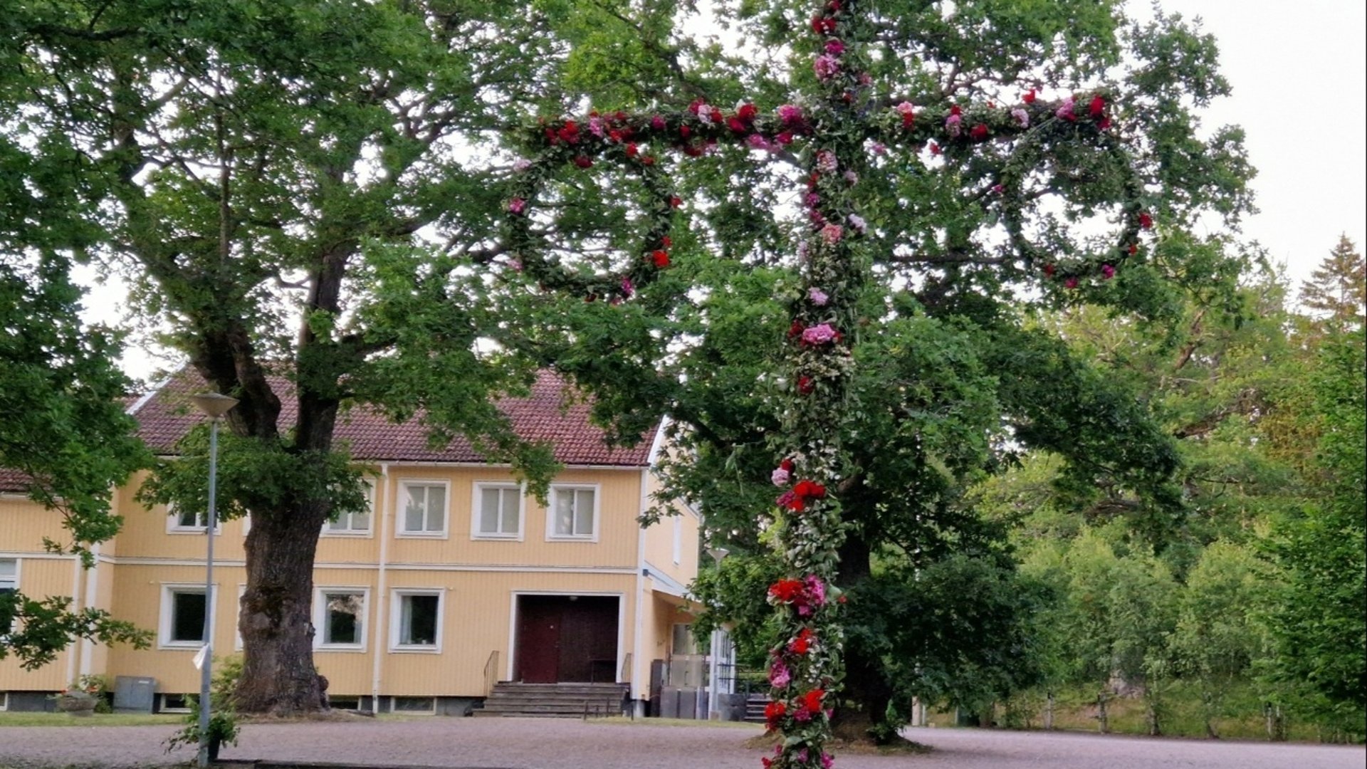 Bild på klädd Midsommarstång framför Folkets Hus 