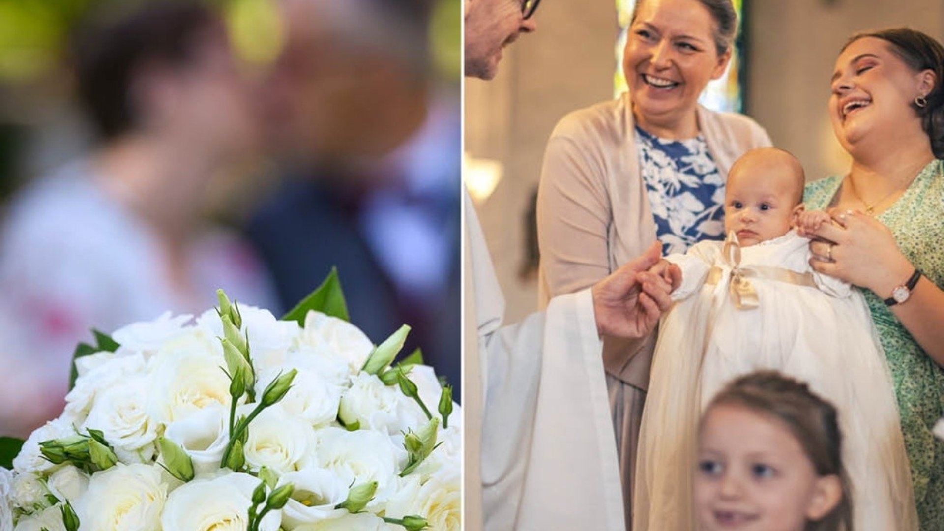 Delad bild: På vänstra bilden en brudbukett i fokus med ett äldre brudpar suddigt i bakgrunden. På högra bilden en dopfamilj tillsammans med präst. 