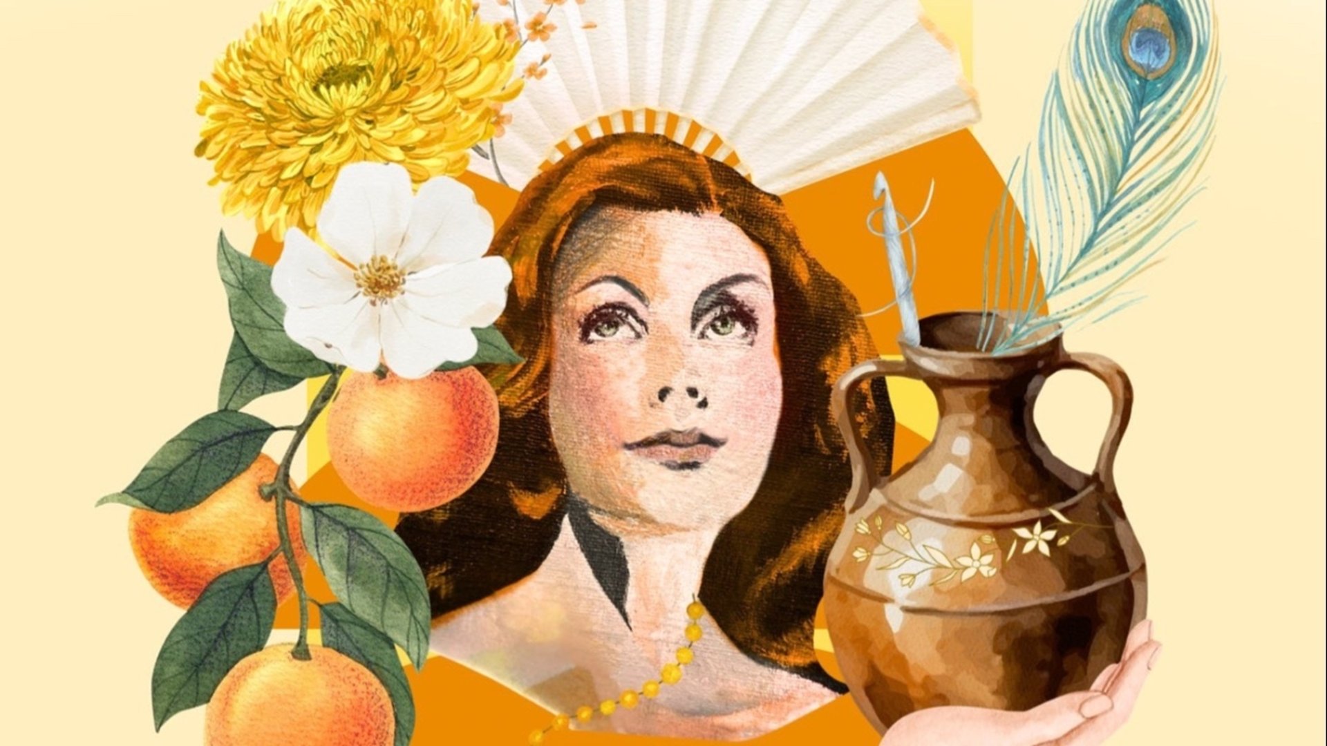 En nostalgisk bild med en vårlik kvinna med blommor och hantverk 