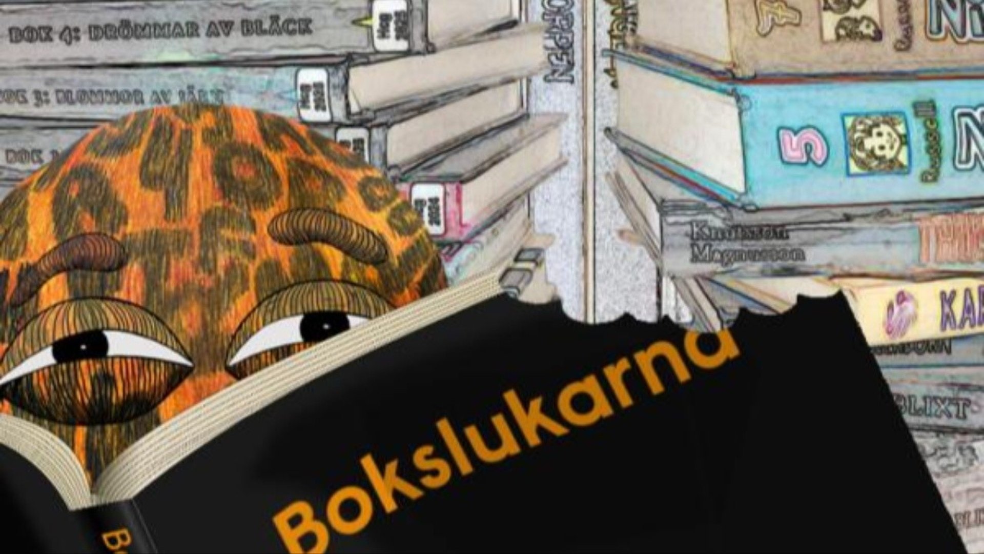 Bokslukarmonstret läser en bok.