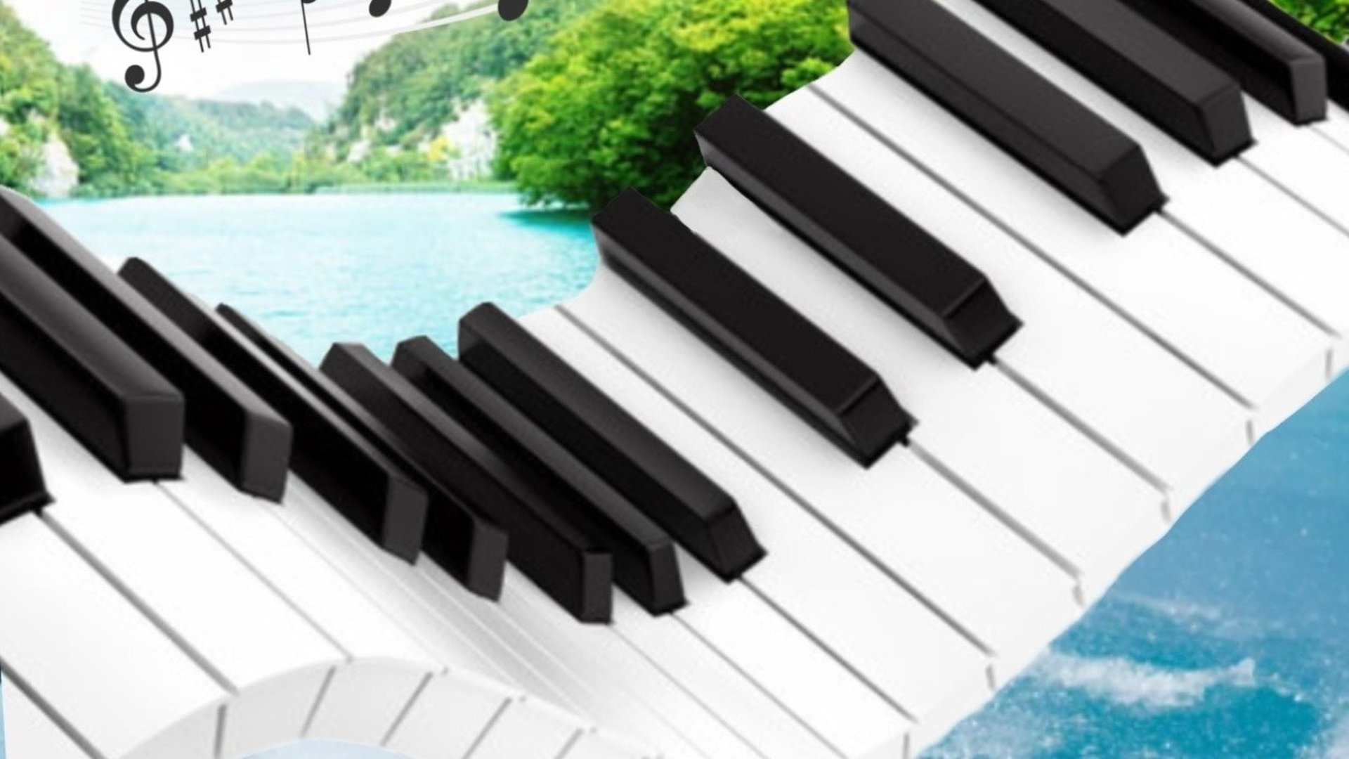 En tecknat piano framför ett hav och en skog