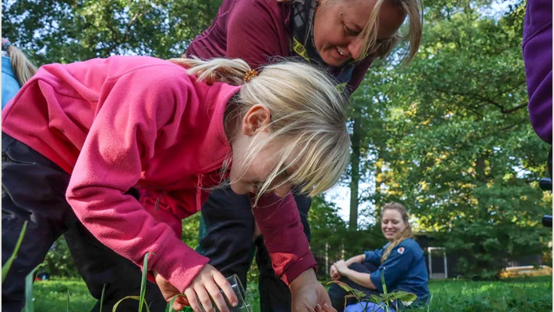 Bilden föreställer ett barn och två vuxna utomhus som håller i ett glas och letar insekter.