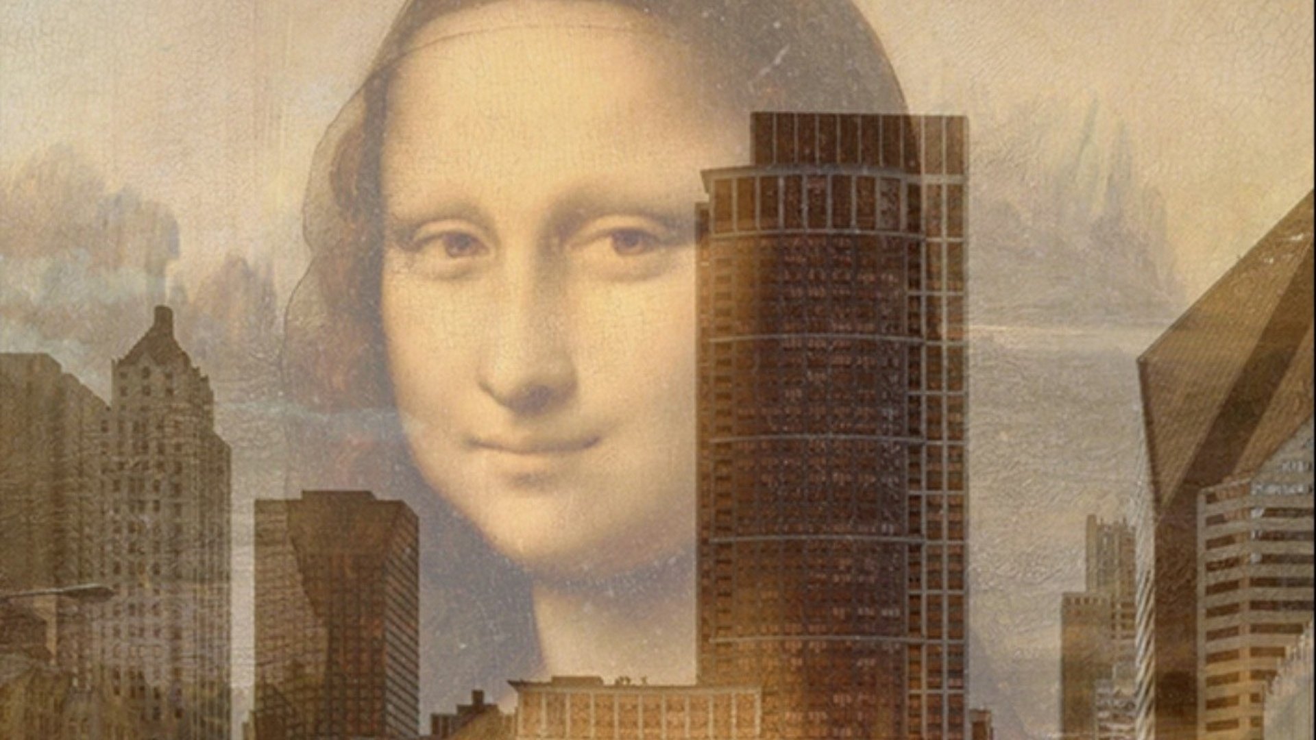 En stadsbild med höghus med Mona Lisa i bakgrunden.