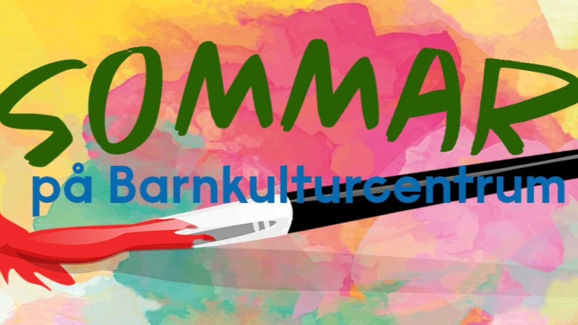 En färglad bild med en pensel med röd färg. Texten Sommar på Barnkulturcentrum.