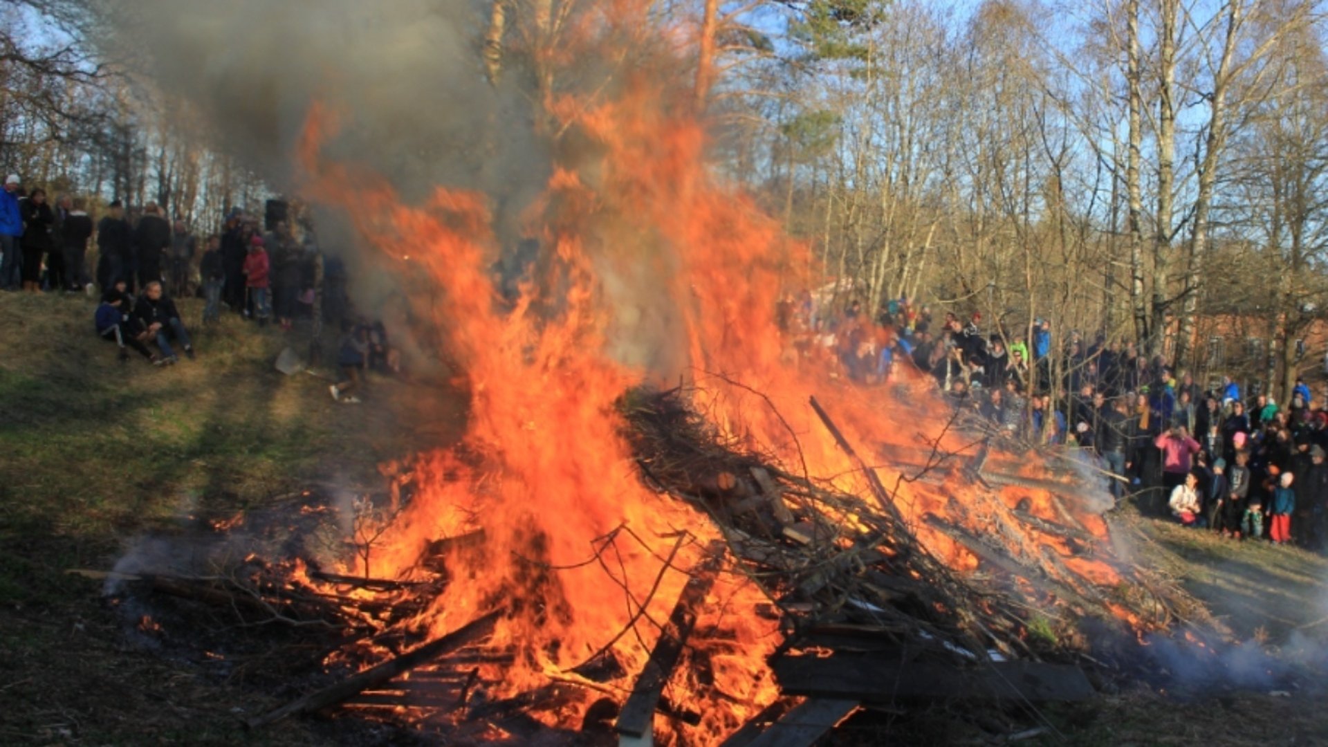 Traditionell valborgsbrasa omgiven av publik