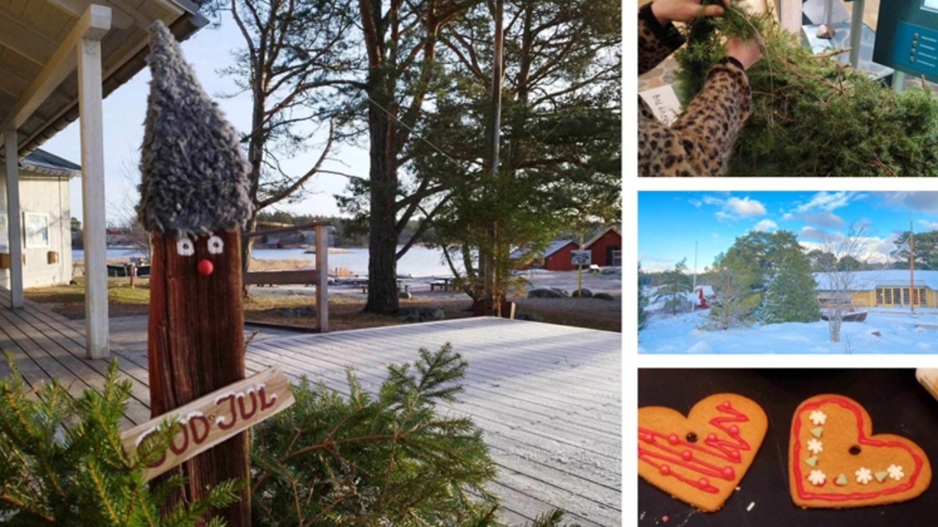 Bilden visar pepparkakor, vintermiljö och granris och texten God Jul