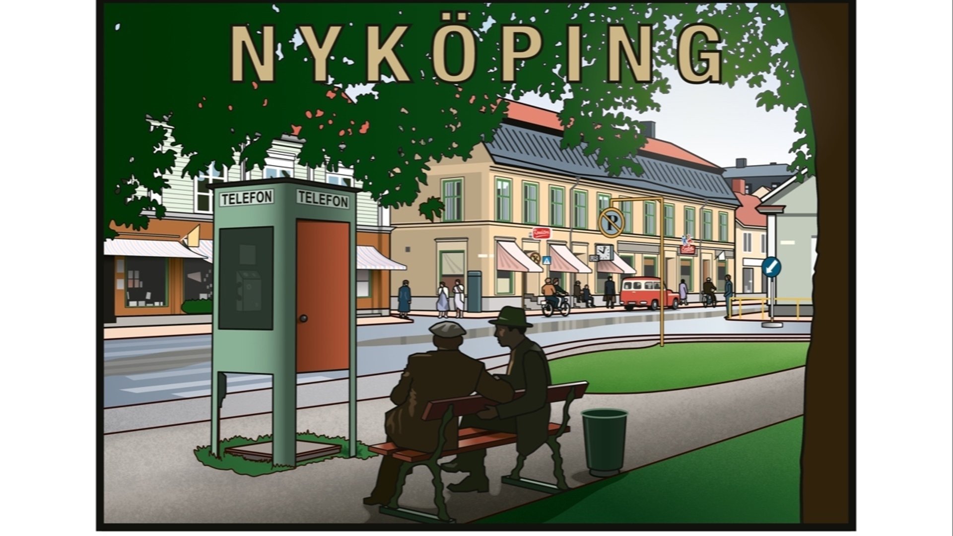Illustration av Jochum Berg. Nyköpingsmotiv - Östra Storgatan utanför Nicolaikyrkan.