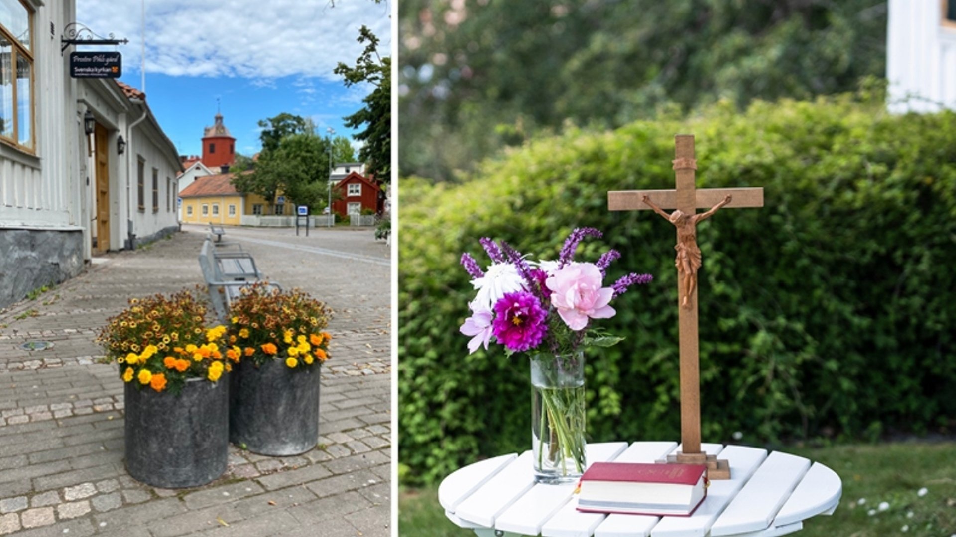 Två bilder: Prosten Pihls gård från Östra torget, samt en blombukett, en bibel och ett kors på ett vitt bord i trädgården.