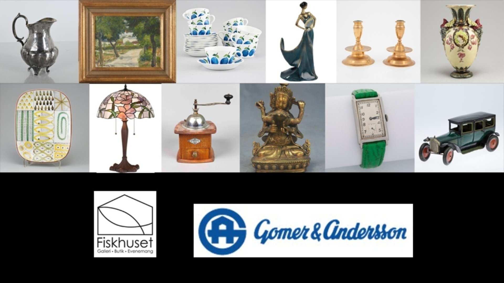 små bilder på antikviteter och två loggor längst ner
