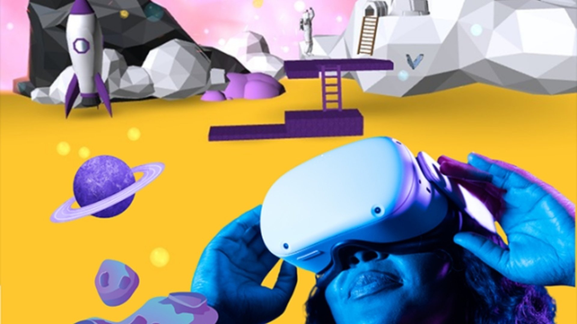 En stiliserad tecknad bild av en surrealistisk månlandning. I förgrunden är det en kvinna med ett VR-headset.