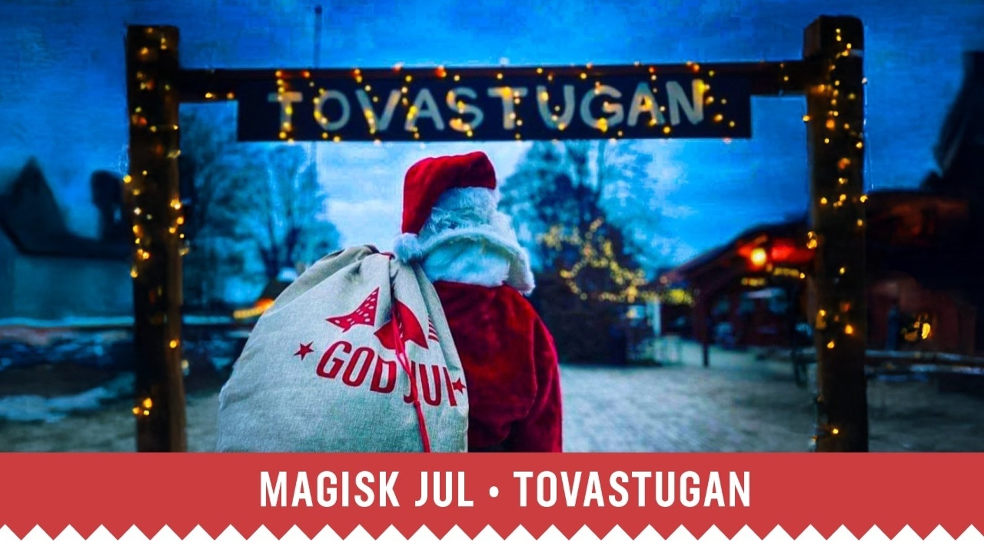 Bild på en tomte som bär i en julsäck in till Tovastugan