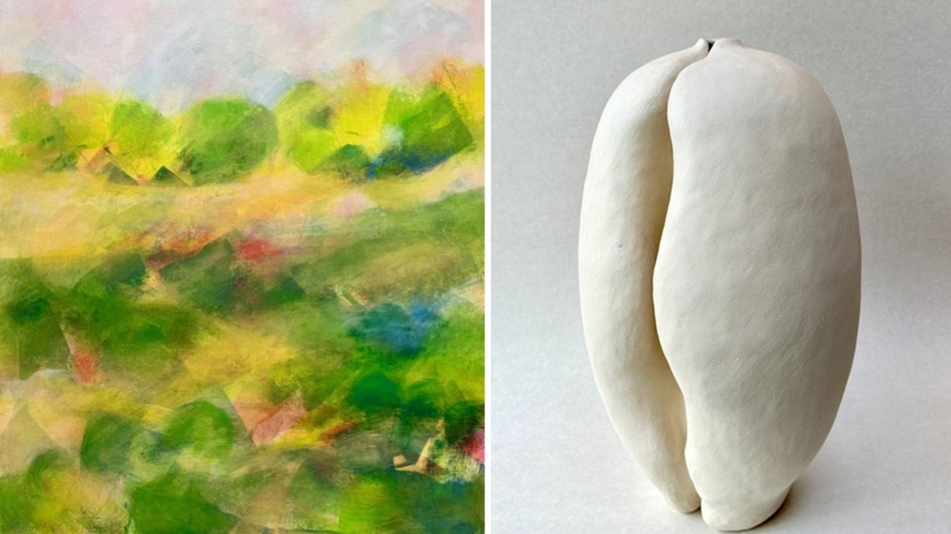 Målning av Nenna Stetter, naturmotiv. Skulptur av Lisa Johansson, stengods, grå fröliknande form.
