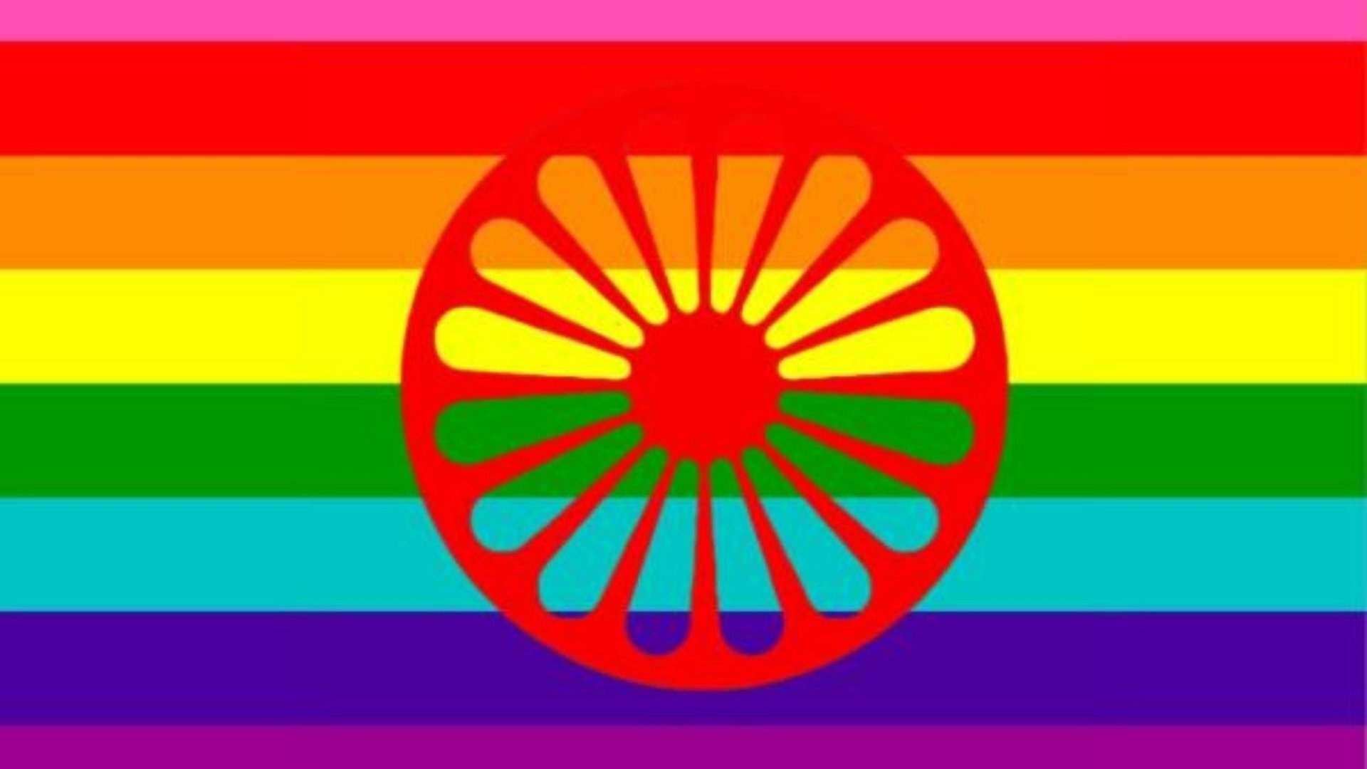 Den romska flaggan fast i pride-färger.