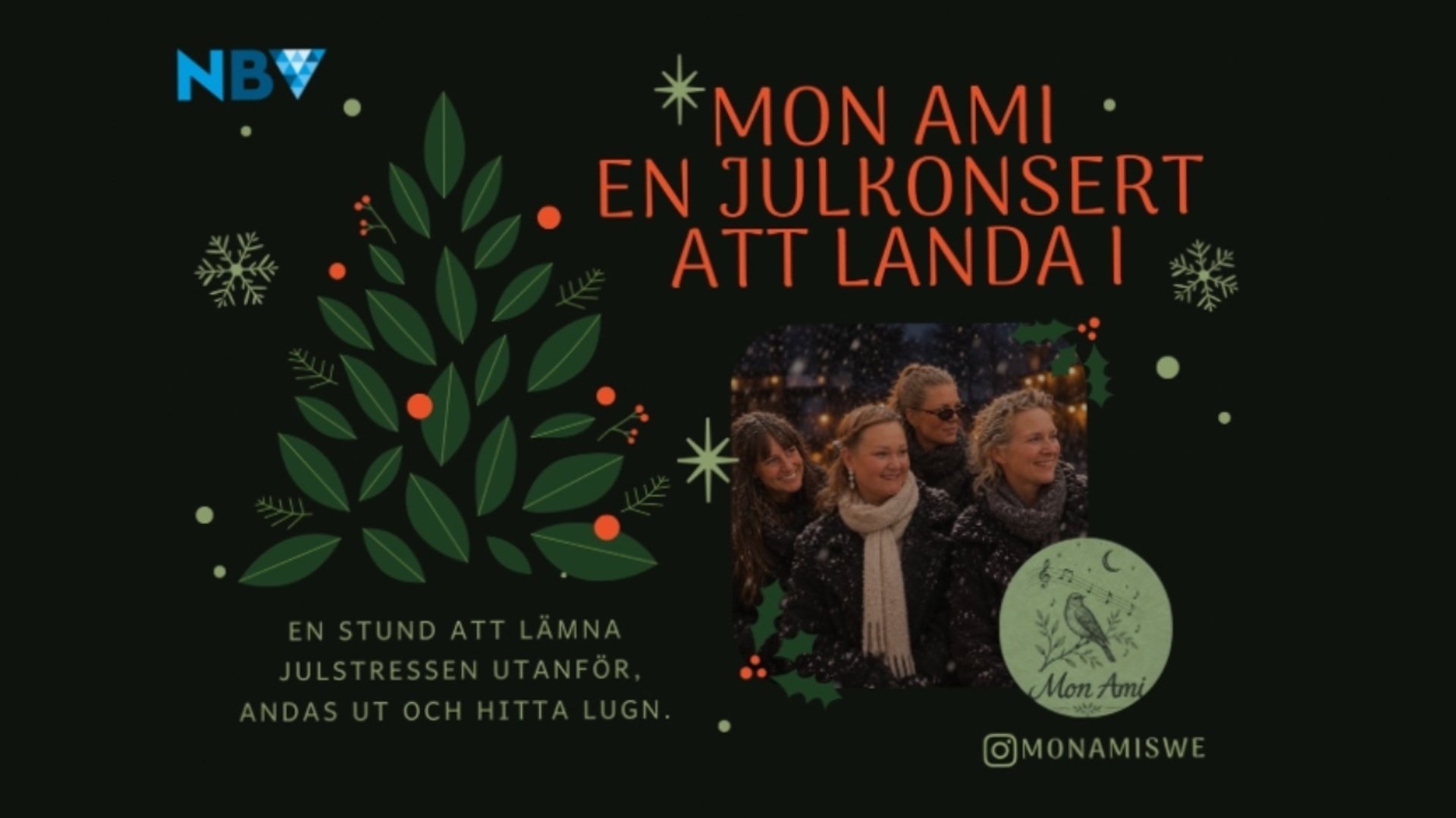 Ett fotografi på fyra kvinnliga medlemmar i bandet Mon Ami, i vinterskrud. De ler och deras blickar är vända åt höger. Där syns en julgransgrafik i järnek-, och mistelblad samt snöflingor. Man ser även bandets logga ien ljusgrön cirkel. Den innehåller en sångfågel och noter samt bandets namn. Konserten arrangeras i samarbete med NBV vars ljusblå logga syns i ena hörnet av bilden. 