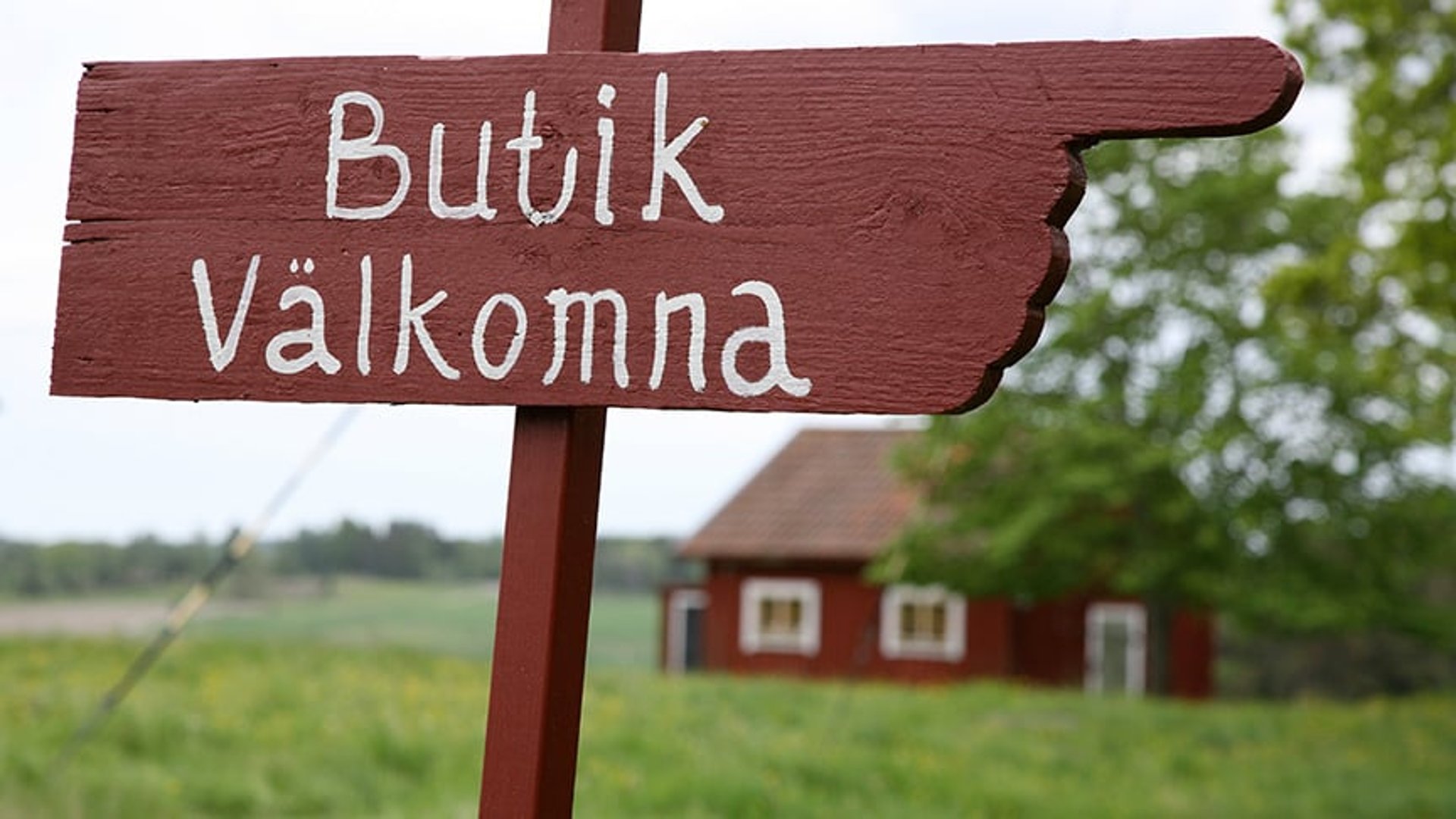 En rödmålad skylt hänvisar till en butik. En röd byggnad syns i den lantliga bakgrunden.