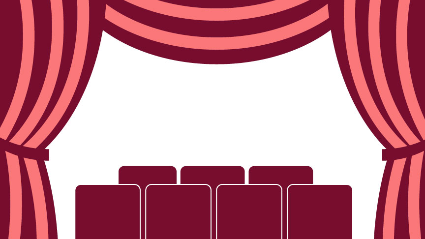 Illustration på rosa öppen ridå vid teater och stolar framför scen